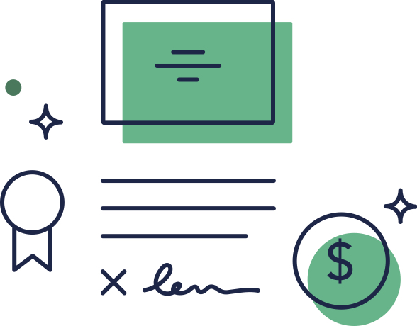 A navy blue outline of a certificate with a green background is centered above a navy blue outlined award medal, abstract representation of a diploma, and a circle with a United States currency symbol in the center, with a green background.